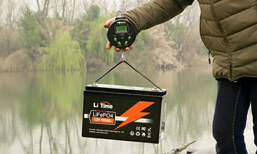 A LiTime 100ah battery is weighed, highlighting its portability for fishing excursions