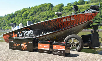 A sleek bass boat with LiTime batteries is prepped on its trailer for the next fishing adventure