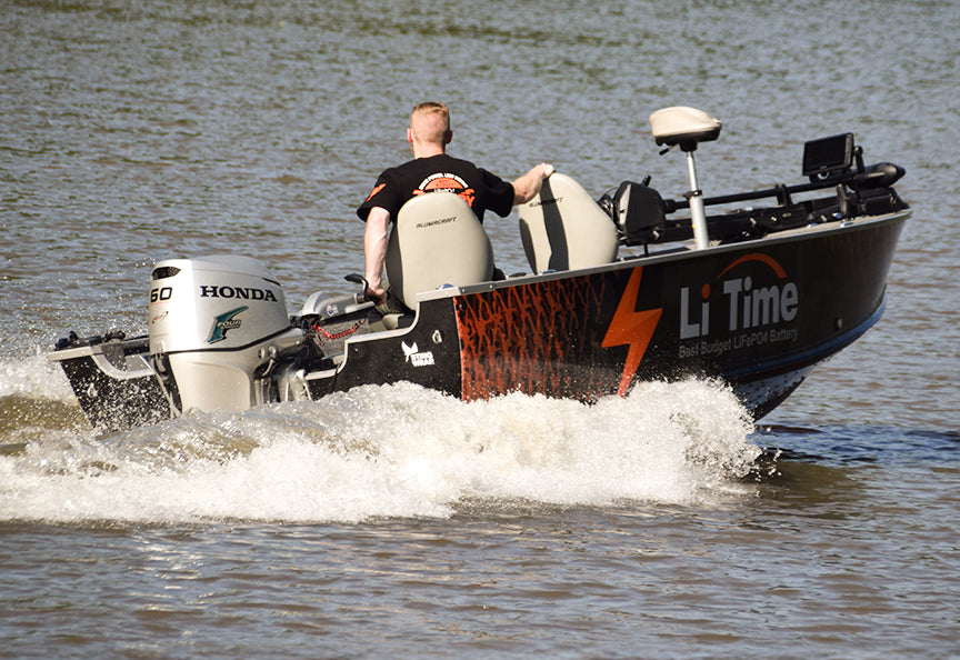 A fish and ski boat at high speed, illustrating the power provided by LiTime trolling motor battery system