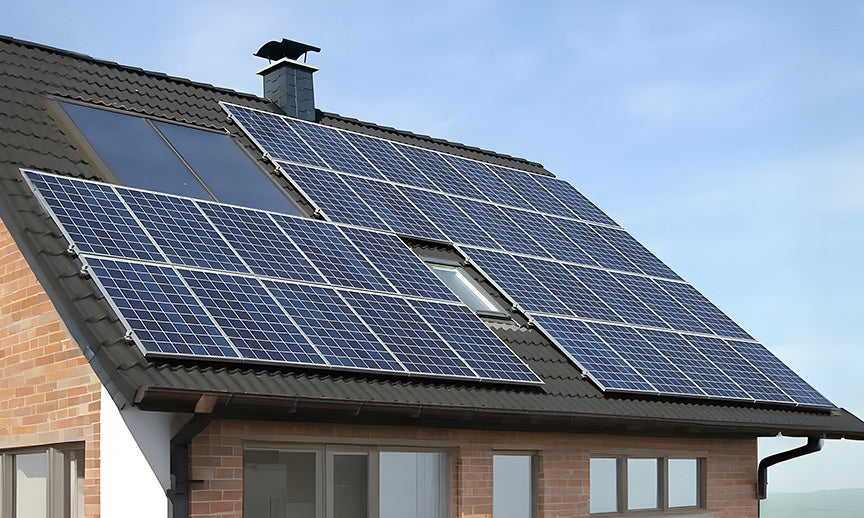 A modern house roof covered with solar panels against a blue sky, illustrating the battery's use for home energy storage