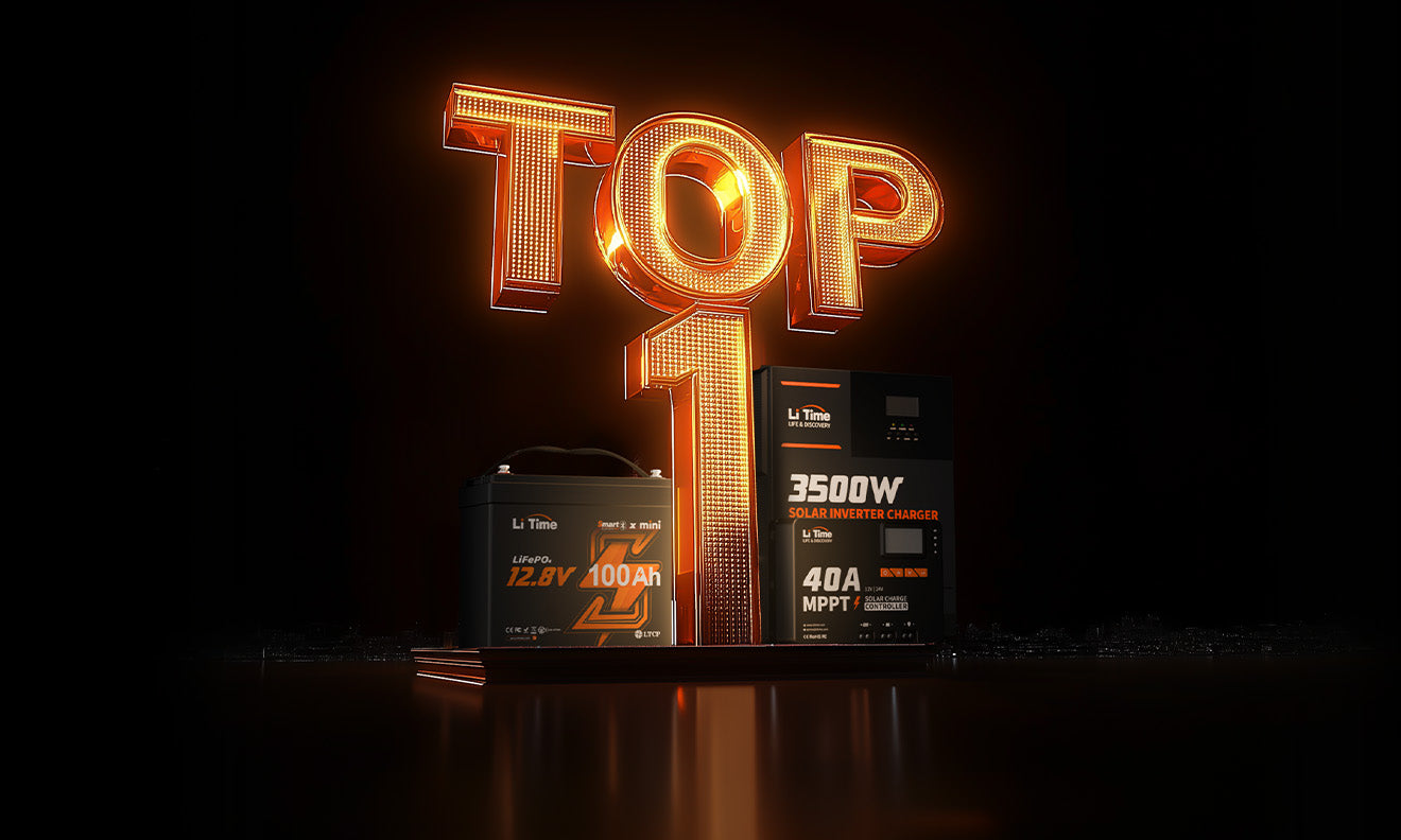 A glowing 'TOP 1' graphic behind a collection of LiTime products, symbolizing its status as a leading LiFePO4 brand