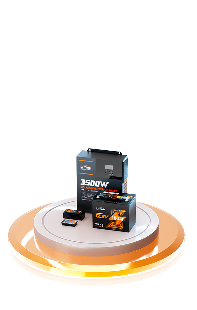 A display of LiTime batteries and an inverter together, illustrating a one-stop solution for your power system