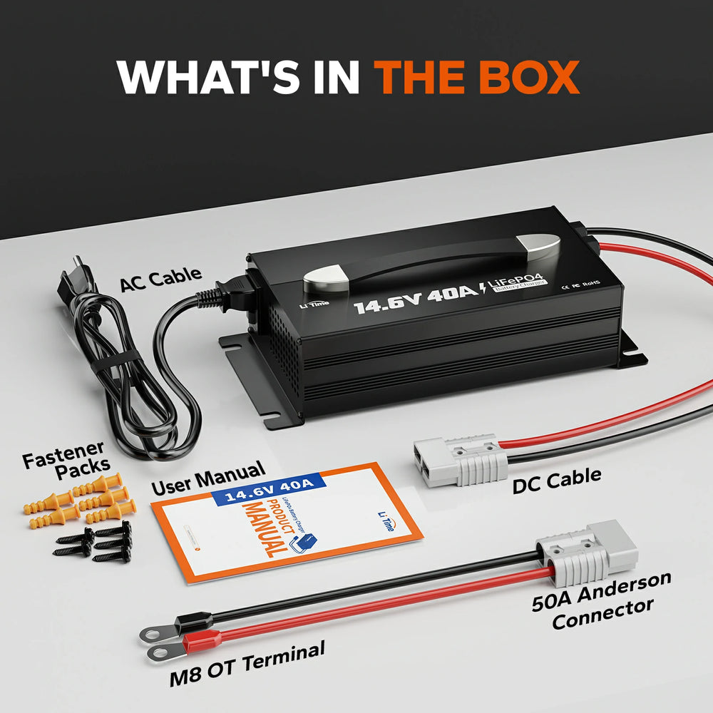 what's in box:40A LiFePO4 charger, AC/DC cables, Anderson connector, M8 terminals, manual, and fasteners