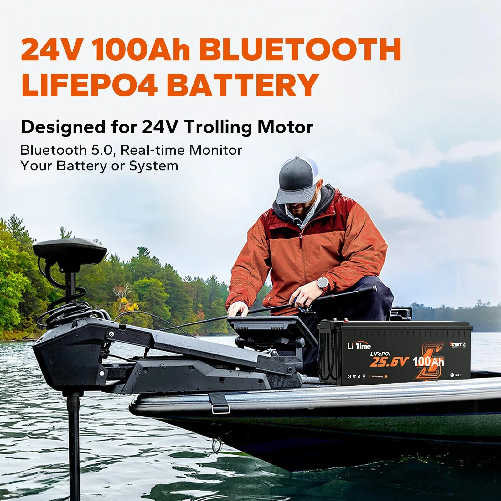 LiTime 24V 100Ah Bluetooth LiFePO4 battery designed for 24V trolling motors, featuring real-time monitoring capabilities