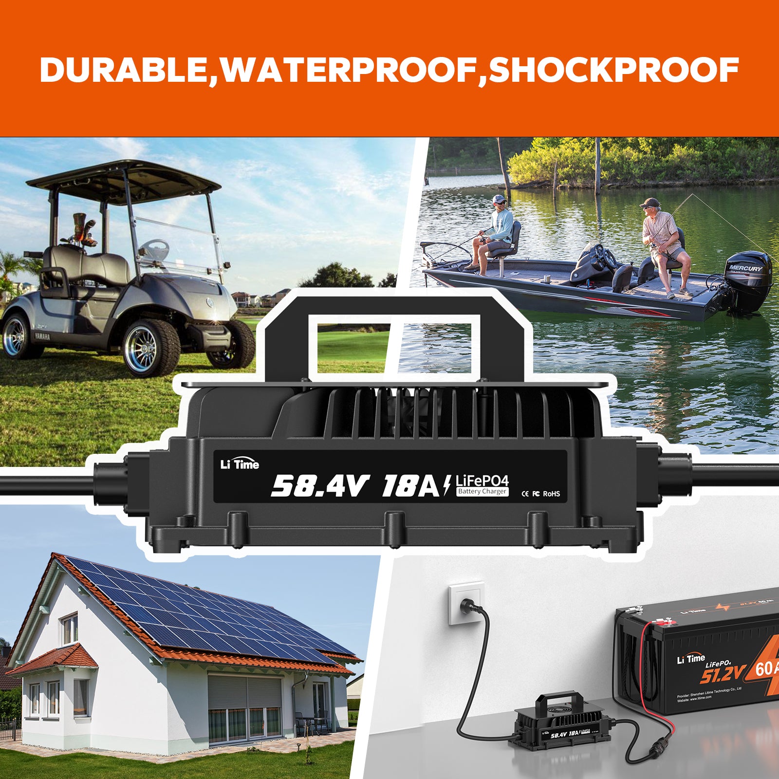 LiTime 48V (58.4V) 18A Lithium Battery Charger IP65 Waterproof