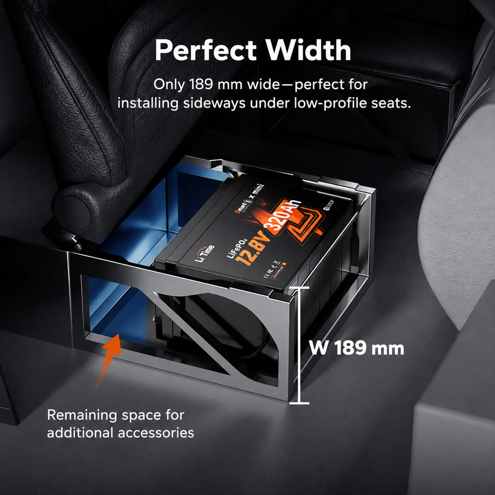 LiTime 12V 320Ah Mini LiFePO4 battery with 189mm width for under-seat installation