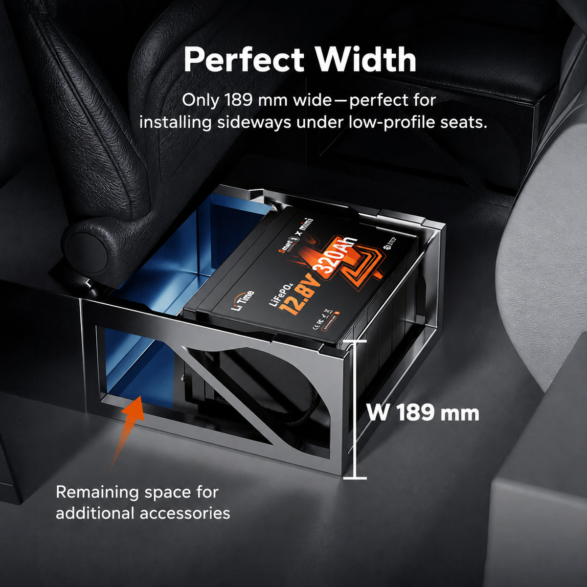 LiTime 12V 320Ah Mini LiFePO4 battery with 189mm width for under-seat installation