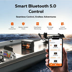 litime 12V 320ah mini lifepo4 battery with Bluetooth 5.0 control, displayed on a boat alongside a smartphone app interface