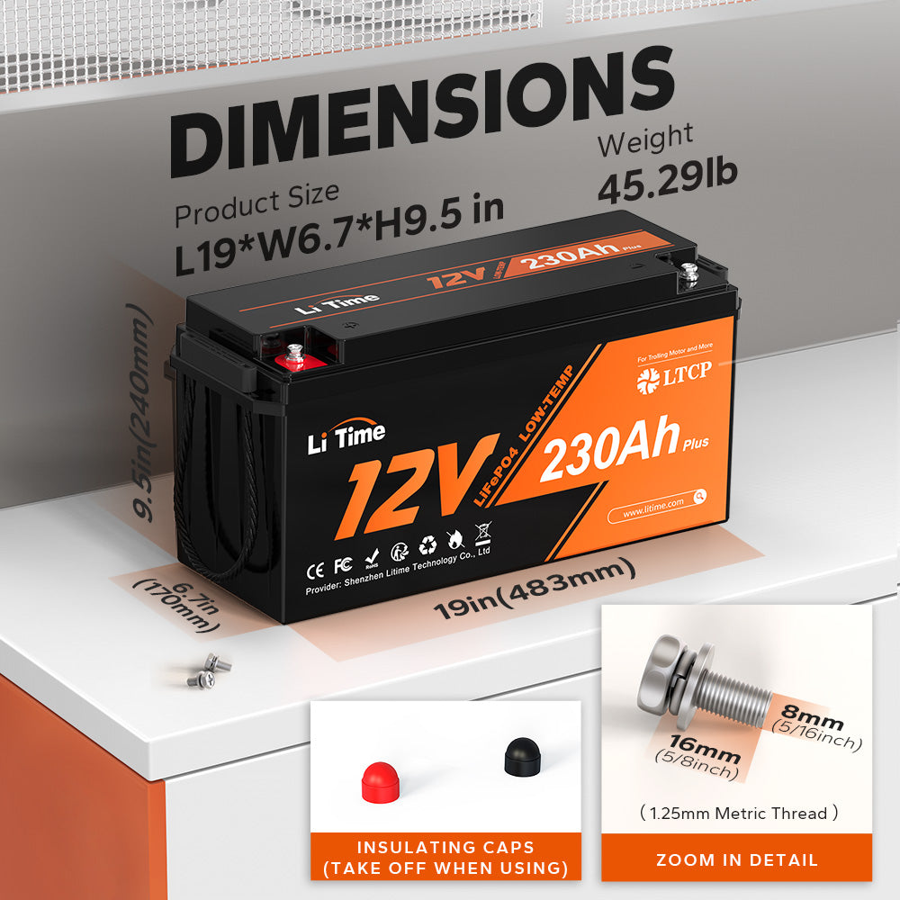 specification of LiTime 12V 230Ah lithium Battery, showing size and weight.