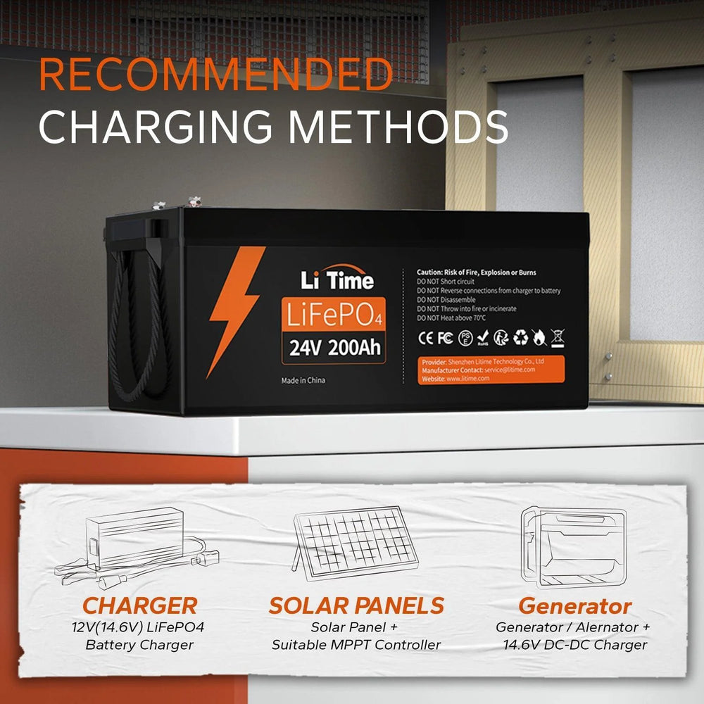litime 24v 200ah lifepo4 battery supporting multiple charging ways including solar and generator