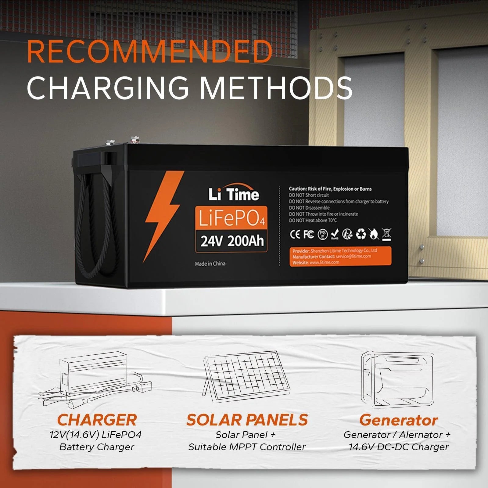 ways to charge litime 24 volt 200ah lithium battery:charger, solar panel, generator