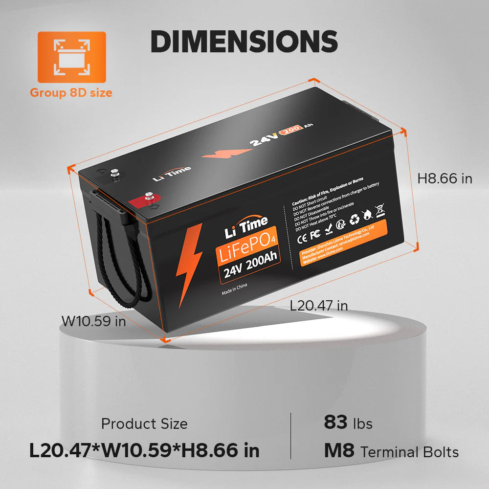dimension 8d size of litime  24 volt 200ah lithium battery (8.66*20.47*10.59) 