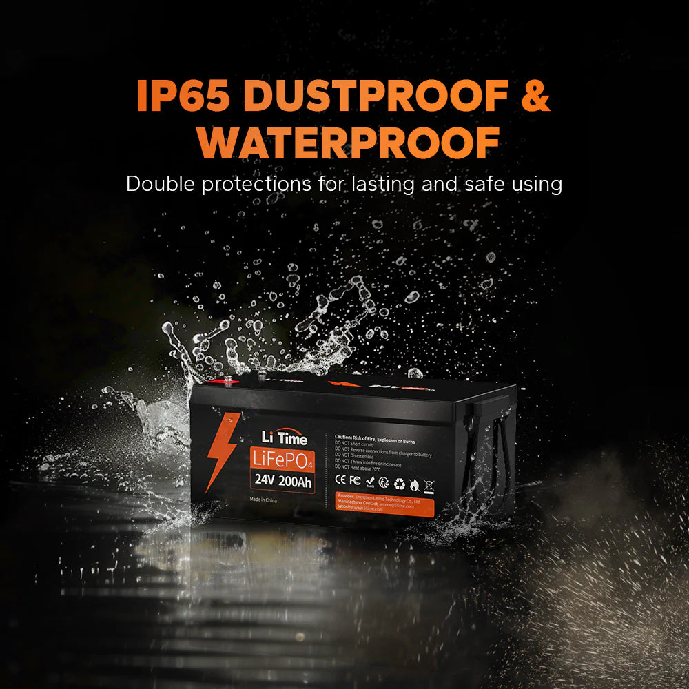 IP65 waterproof rating for LiTime 24V 200Ah battery for durable outdoor use
