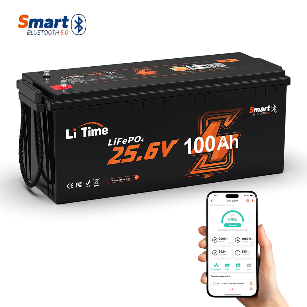LiTime 24V 100Ah LiFePO4 lithium battery for RV and marine use with Bluetooth monitoring.