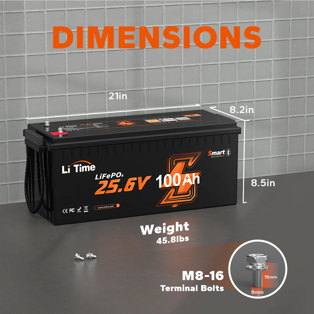 dimension of litime 24V 100Ah Bluetooth lithium battery: 20.95*8.15*8.5 inch