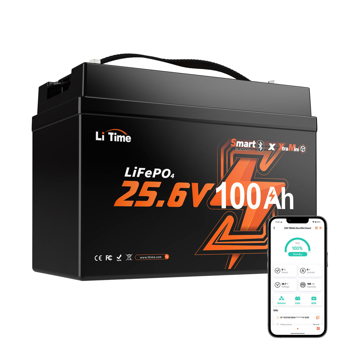 LiTime 24V 100Ah Xtra-Mini Bluetooth LiFePO4 Battery with smartphone app monitoring for battery status, voltage, current and capacity.
