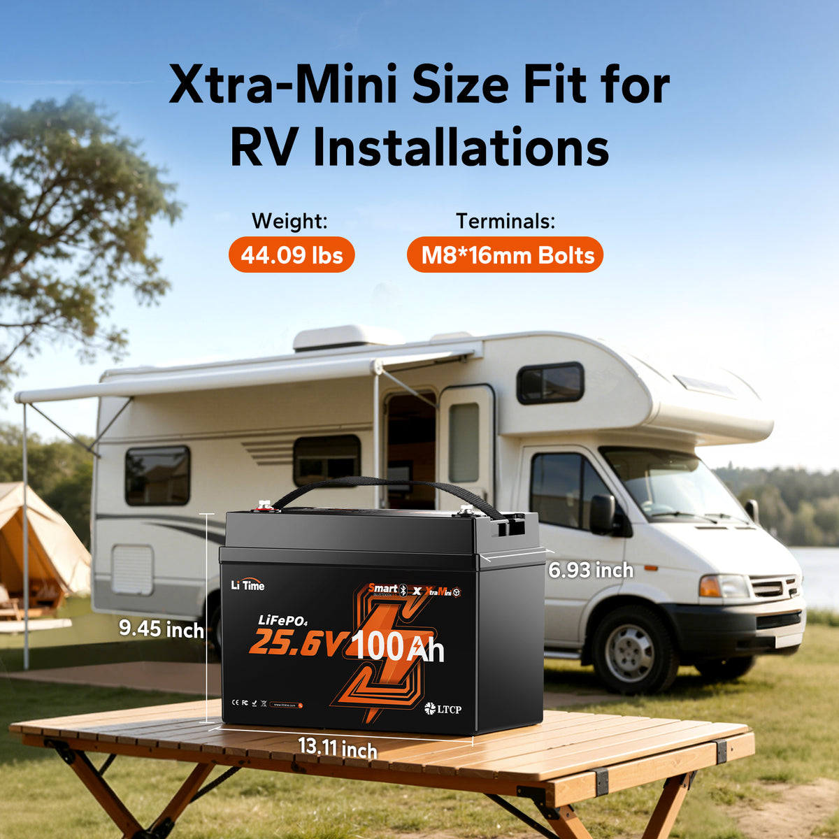 LiTime 24V 100Ah Xtra-Mini LiFePO4 Battery measuring 13.11 × 6.93 × 9.45 inches and weighing 44.09 lbs, designed for compact caravan installations.
