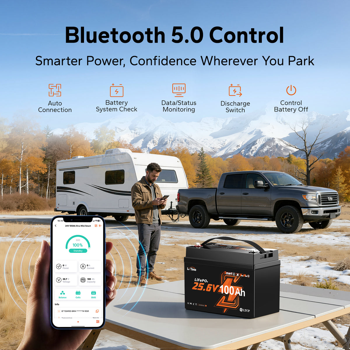 LiTime 24V 100Ah Bluetooth LiFePO4 Battery with Bluetooth 5.0 app control for battery status monitoring, system checks, discharge control and remote power off.