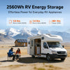 LiTime 24V 100Ah LiFePO4 Battery provides 2560Wh energy storage for caravan appliances, powering a 1500W electric kettle for 1.6 hours, 1800W stove for 1.4 hours, or 50W freezer for over 48 hours.