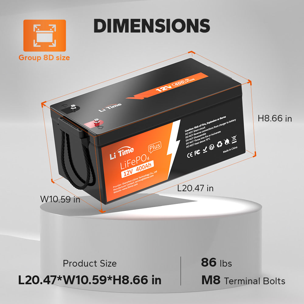 dimension of litime 12v 400 amp lithium battery:20.47*1059*8.66 in at 86 lbs weight