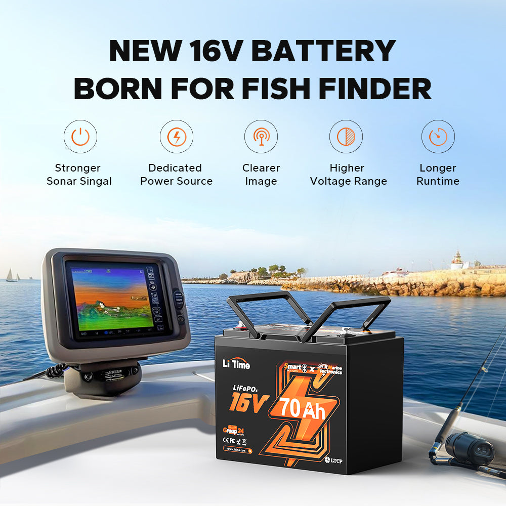 Pre-order - LiTime 16V 70Ah Deep Cycle Bluetooth LiFePO4 Lithium Battery For Fish Finder, Fishing Electronics