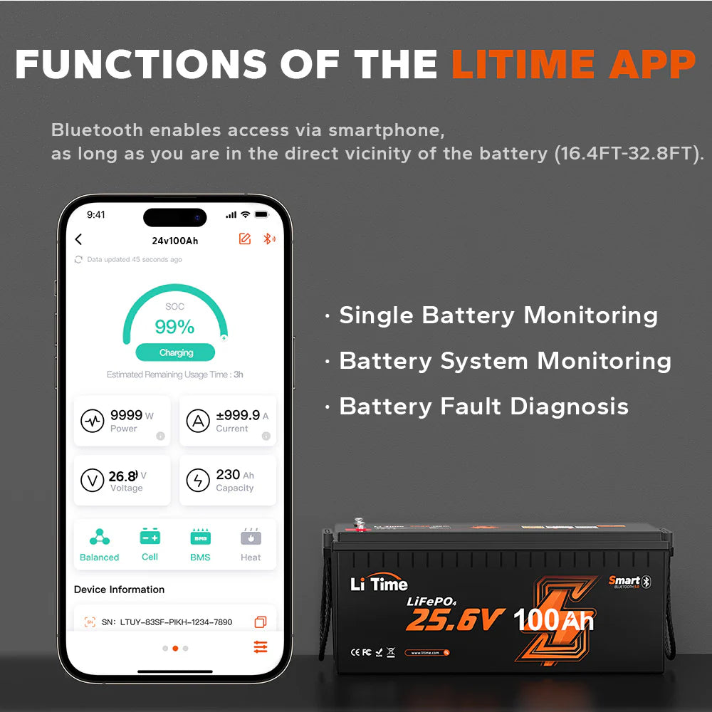 bluetooth function of litime 24v 100ah battery providing single,battery system monitoring