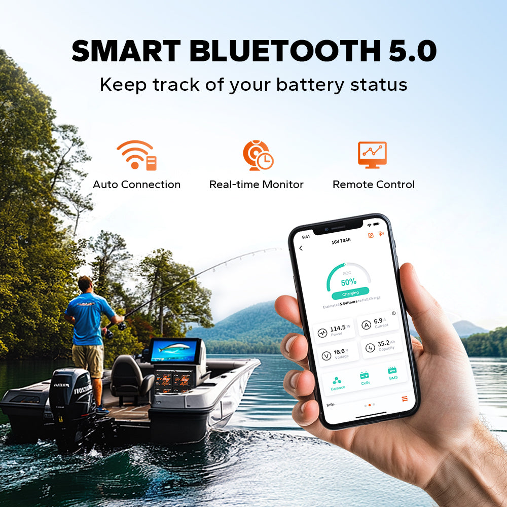 Pre-order - LiTime 16V 70Ah Deep Cycle Bluetooth LiFePO4 Lithium Battery For Fish Finder, Fishing Electronics