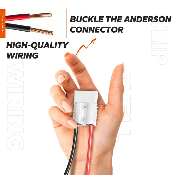 Hand buckling a high-quality red/black Anderson connector to a Litime charger, with zoomed detail of copper wiring