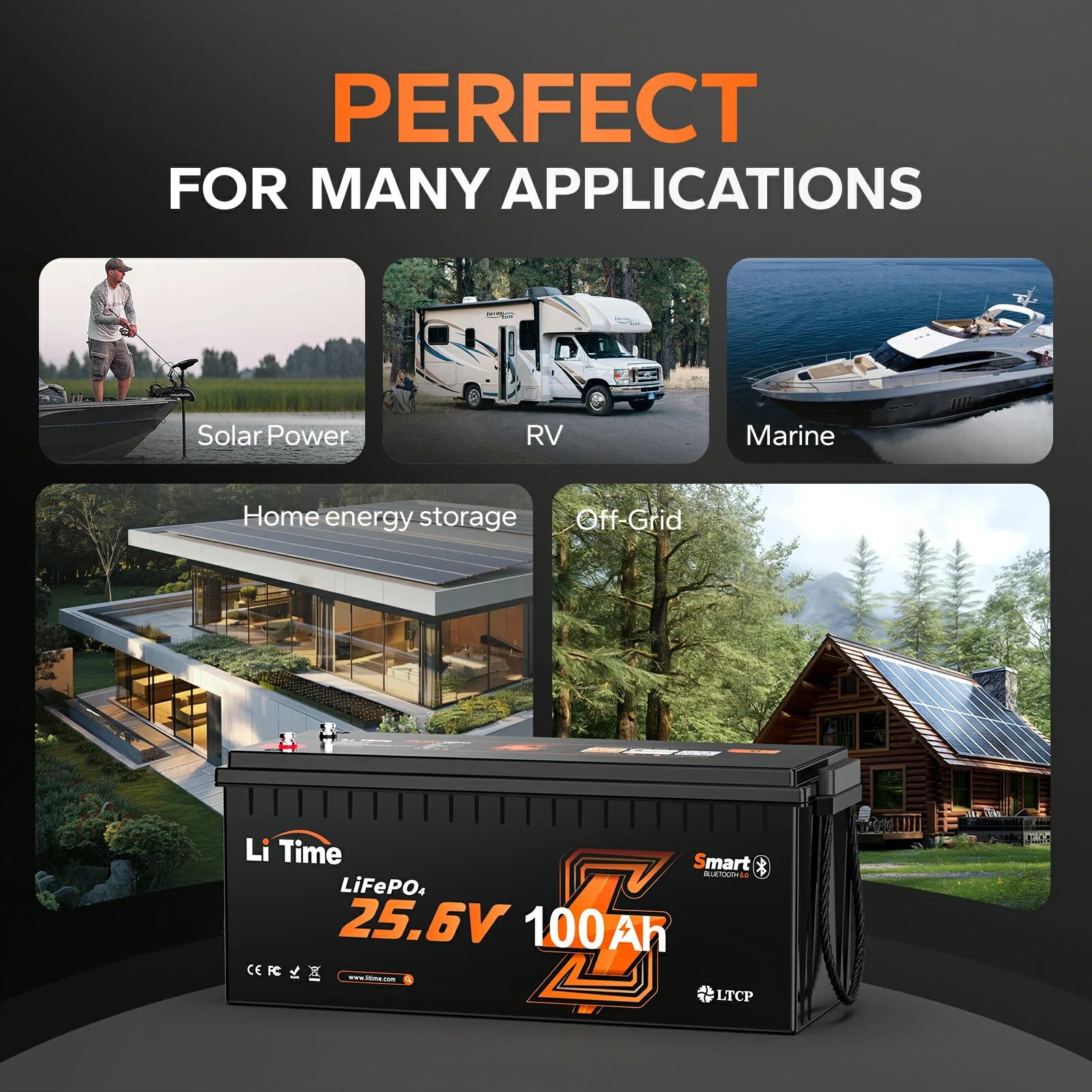 applications of litime 24 volt 100ah smart lithium battery -solar power, rv, marine, off-grid