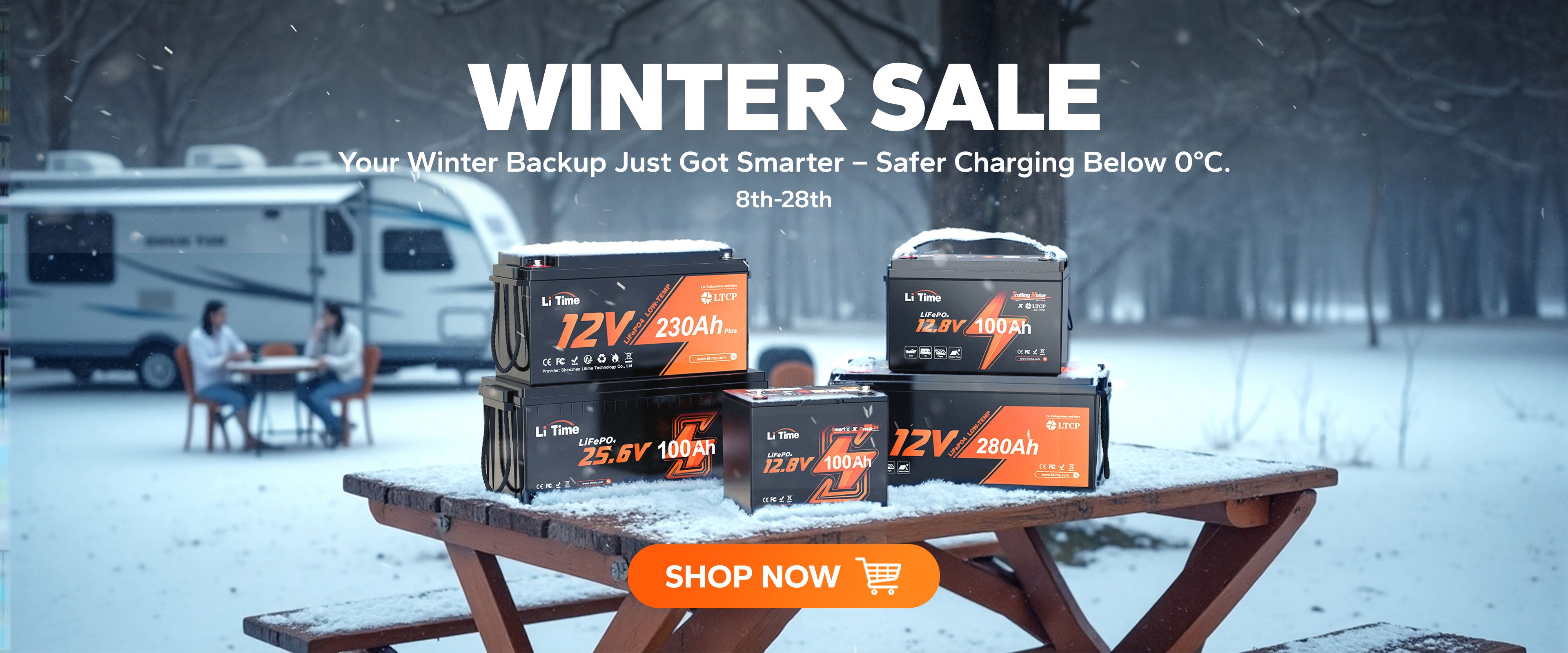LiTime Winter Sale banner with batteries in a snowy RV camp, for safe charging below 0°C