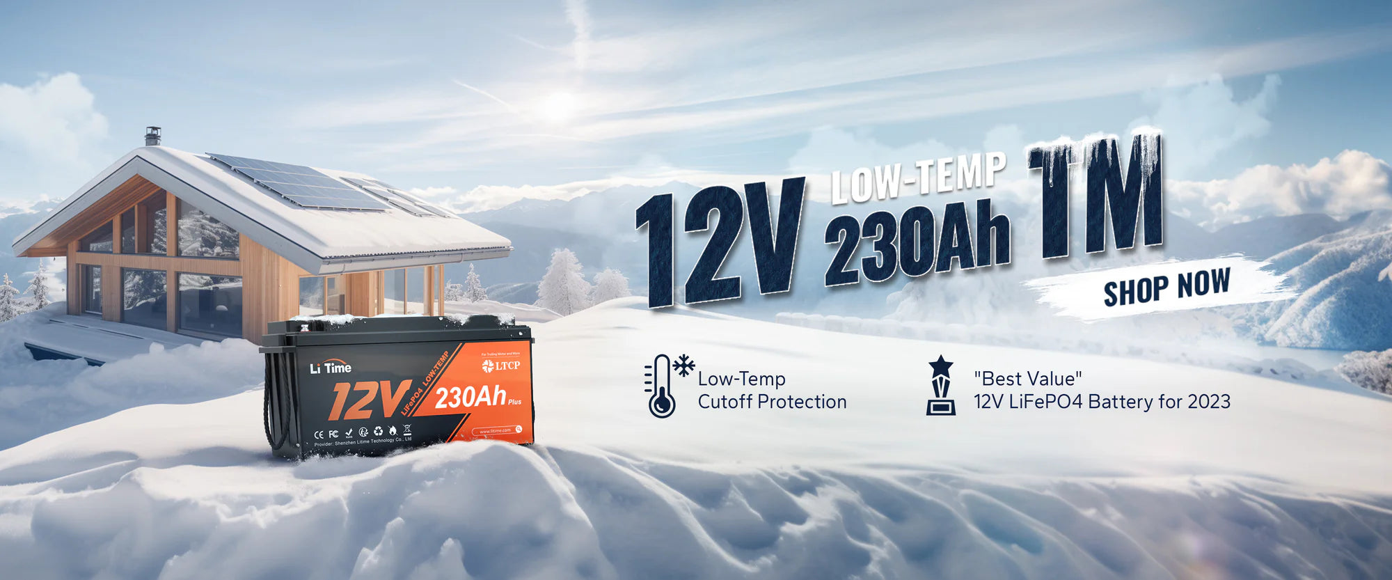 Promotional banner for the LiTime 12V 230Ah Low-Temp battery