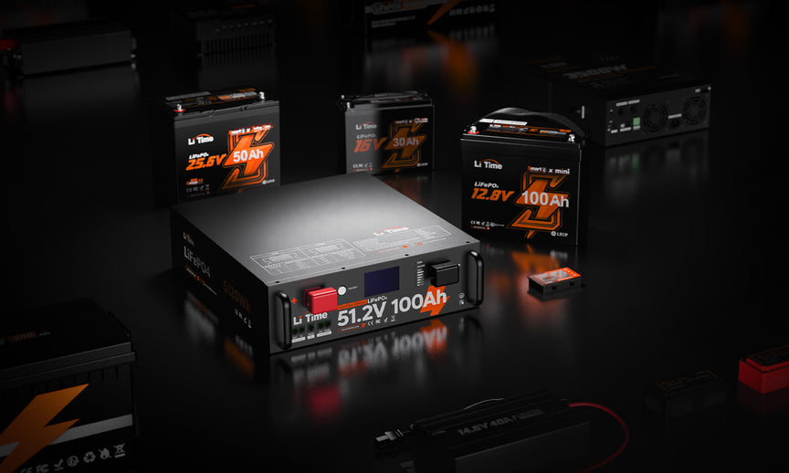 A showcase of the complete range of LiTime batteries in various sizes, representing a one-stop solution for power needs