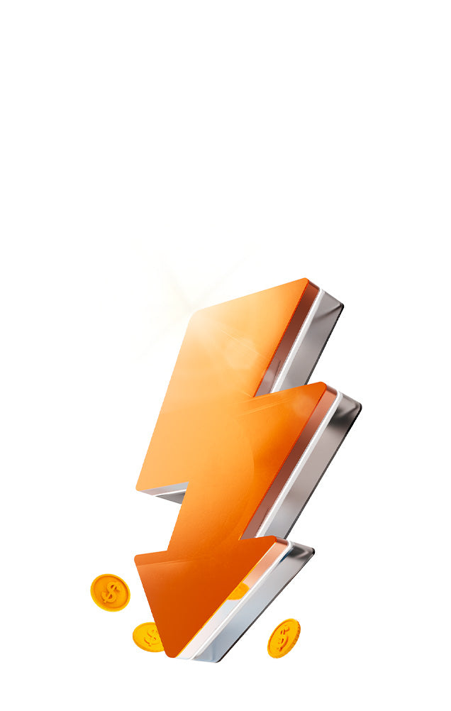 An icon of a lightning bolt surrounded by gold coins, representing exclusive official website discounts