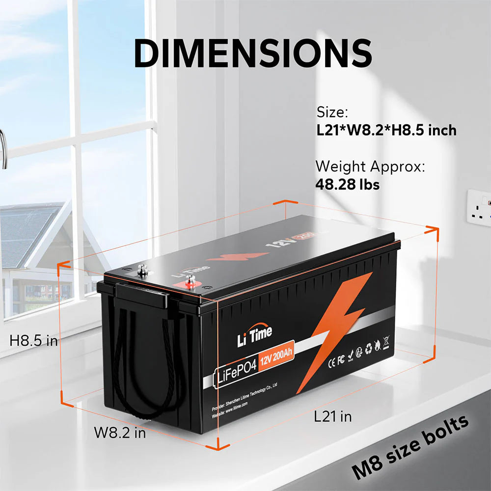 dimension information of litime 200ah lilthium battery 12v:21*8.2*8.5 inch weight at 48.28lbs