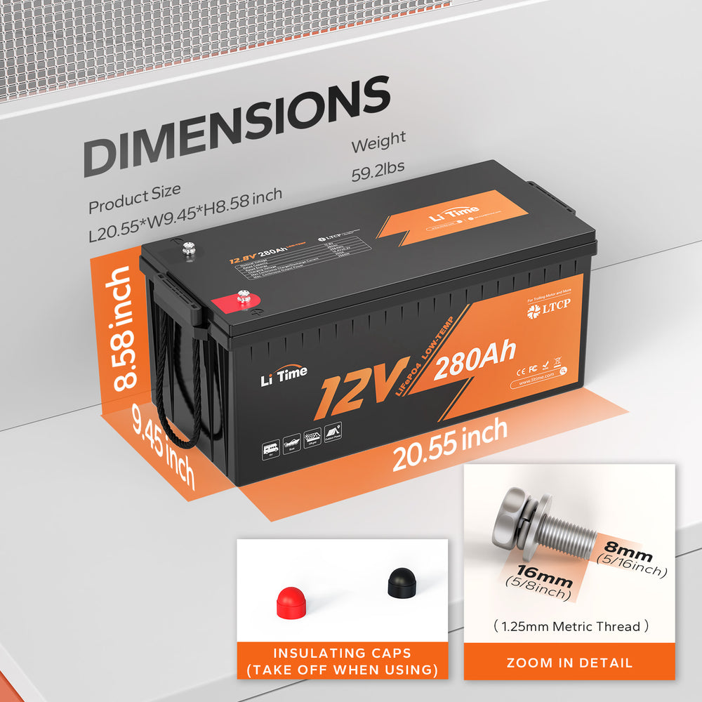 LiTime 12v 280ah lithium battery's dimension, compact size and 59.2lbs weight
