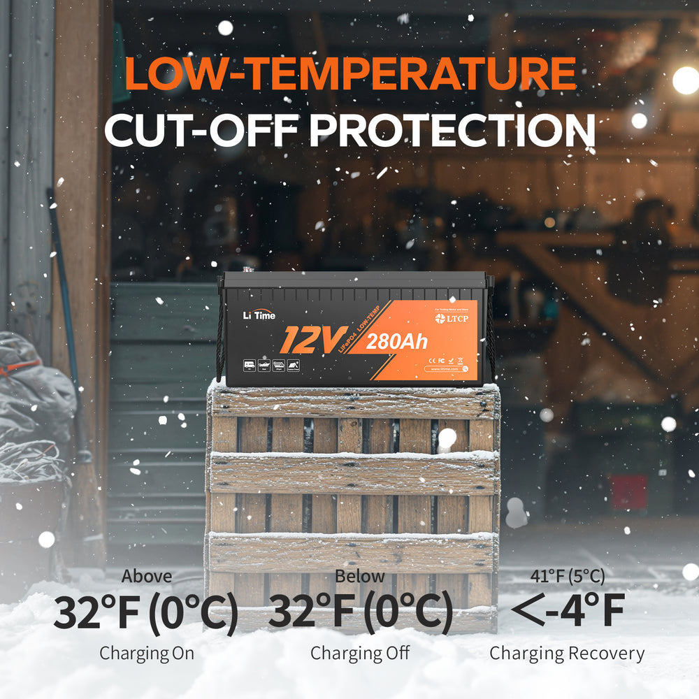 Best LiTime 12v 280ah lithium battery for cold climates with auto low-temp protection