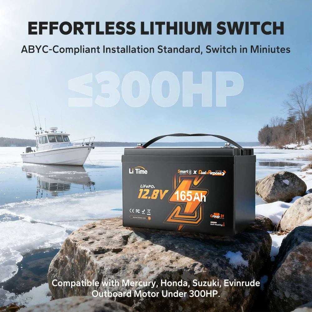 litime 12v 165ah dual purpose lithium ion marine battery for outboard under 300HP, ABYC compliant installation