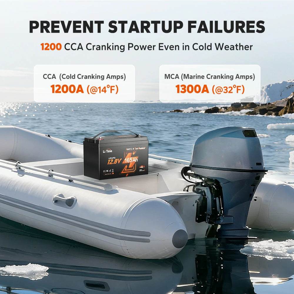 LiTime 12V 165Ah marine cranking battery features 1200 CCA cold start performance