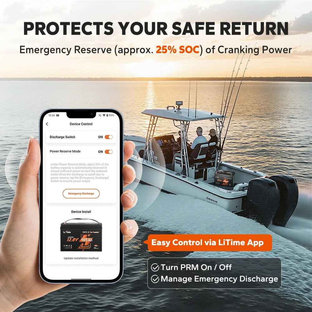 smart power reserve via app of LiTime 12V 165Ah lithium cranking battery for boat 