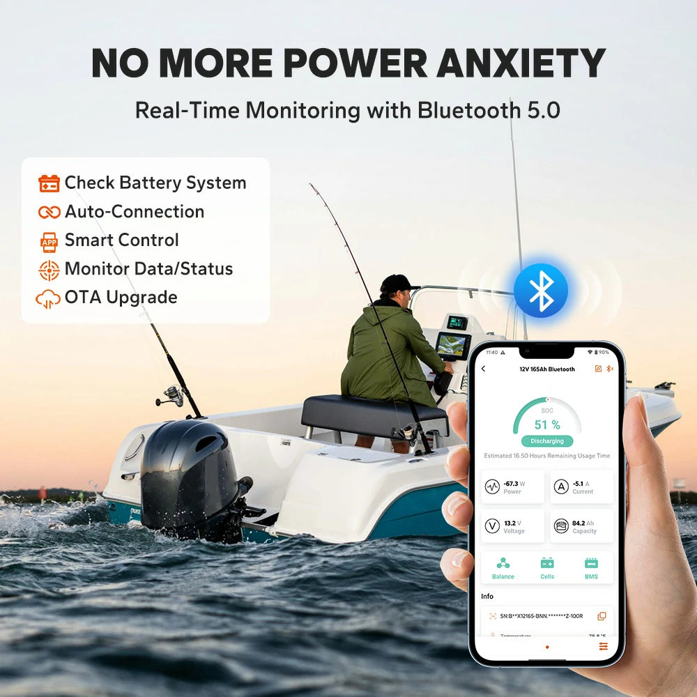 using smart bluetooth to control litime 12v 165ah dual purpose marine cranking lithium battery