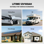 litime 12v 100ah lithium battery for multiple application: trolling motor, rv, home storage, garage
