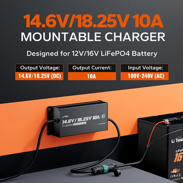 LiTime 12V(14.6V) & 16V(18.25V) 10A Waterproof Lithium Battery Charger