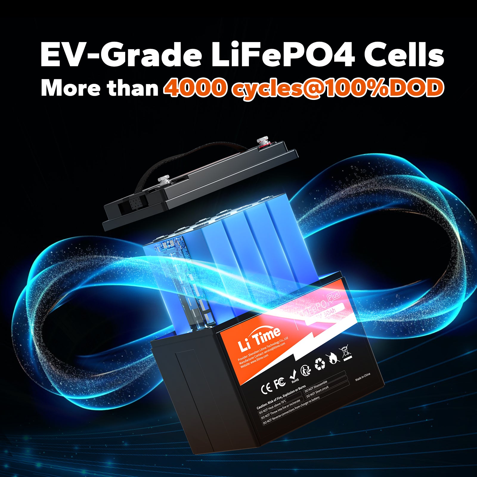LiTime 12V 50Ah LiFePO4 Lithium Battery, Build-in 50A BMS, 640Wh Energy - Litime-AU