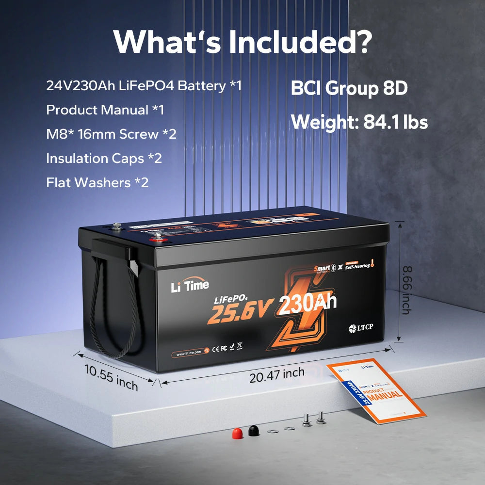 LiTime 24V 230Ah Group 8D LiFePO4 battery dimensions, weight and package contents