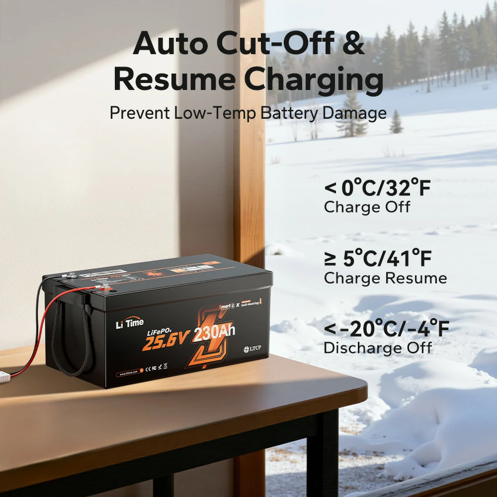 LiTime 24V 230Ah lithium battery with low-temperature charging protection and auto recovery