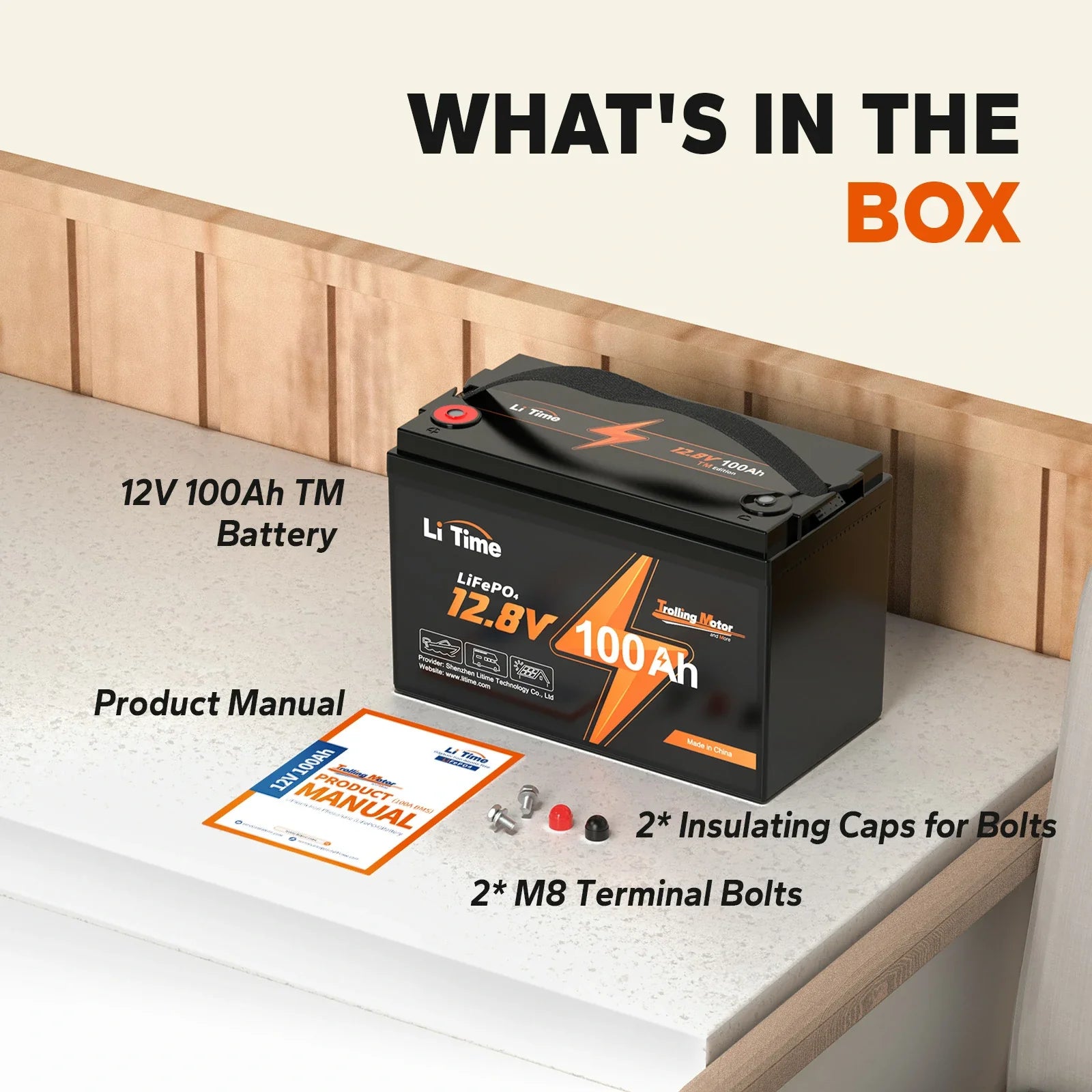 What's in the box: LiTime 100Ah battery, product manual, and M8 terminal bolts with caps