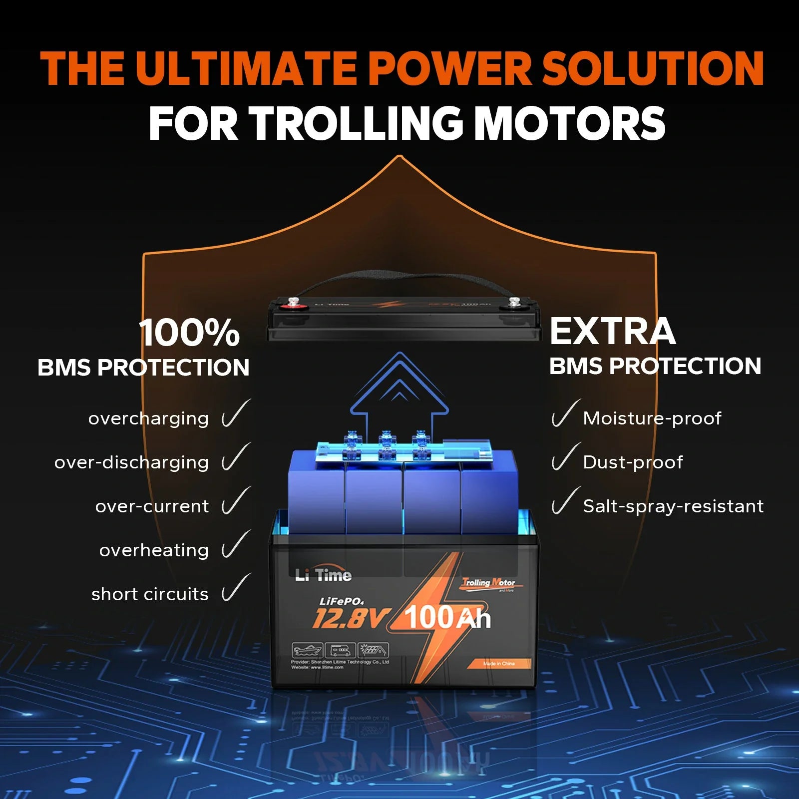 the BMS protections of a LiTime 100Ah battery, including overcharging, overheating, moisture-proof, and more