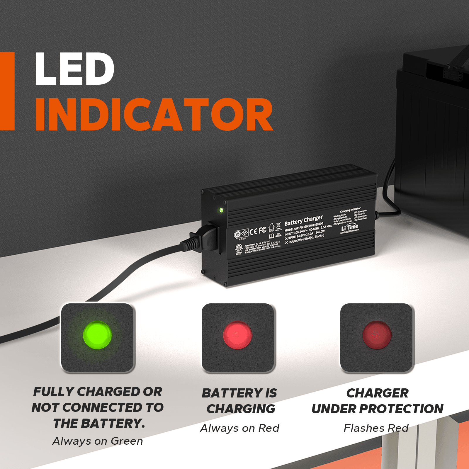 LiTime 12V 10A Lithium Battery Charger for 12V LiFePO4 Lithium Battery