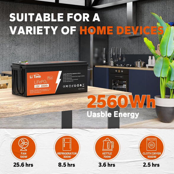 LiTime 200Ah battery powering an home, showing runtimes for a cloth dryer, fridge & kettle
