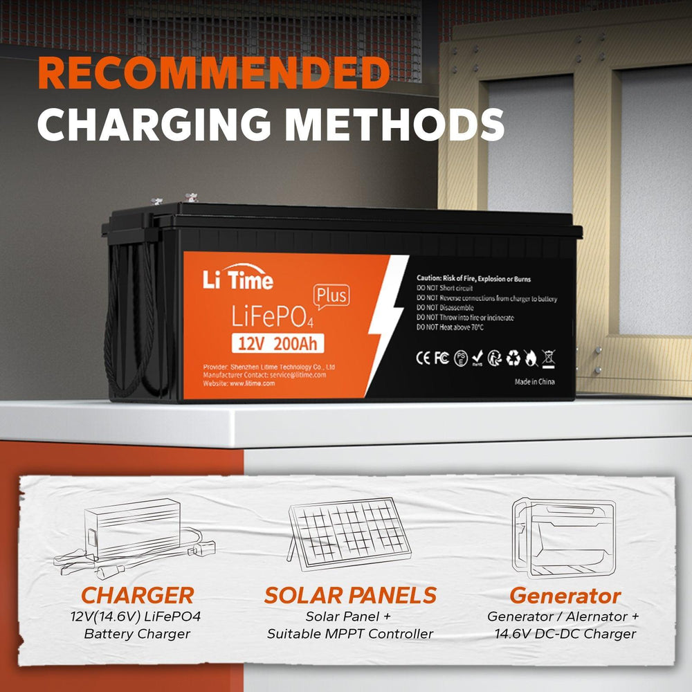 charging methods of LiTime 12V 200Ah Plus LiFePO4 Lithium Battery: charger, solar panels,generator